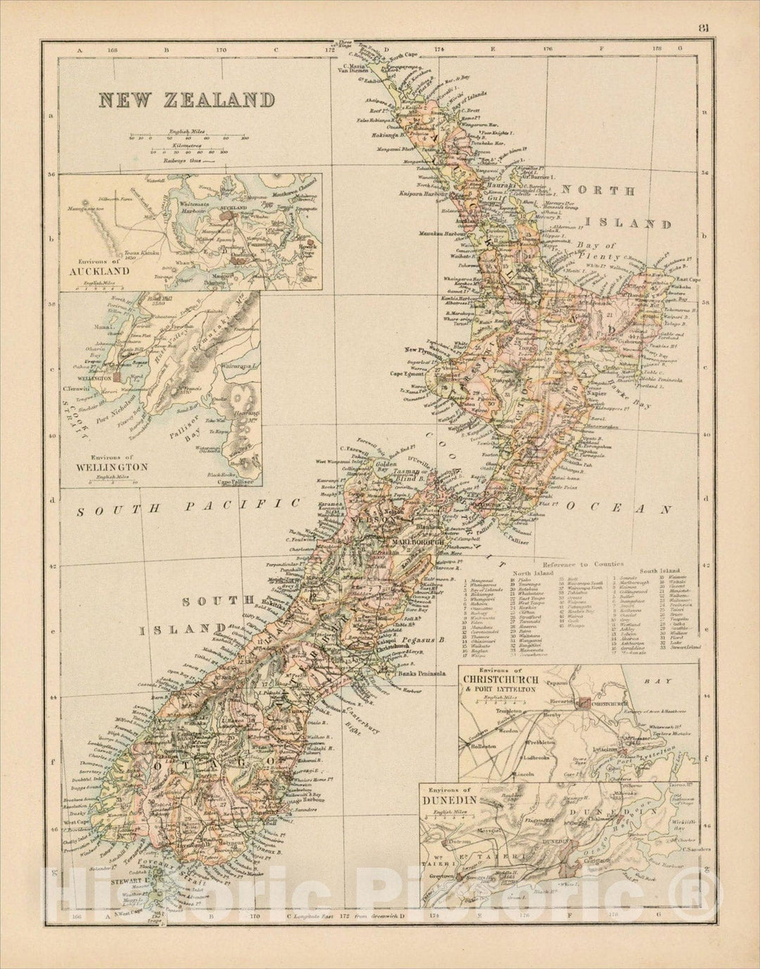 Historic Map : New Zealand (with Environs of Auckland), c1860, Blackie & Son, v2, Vintage Wall Art