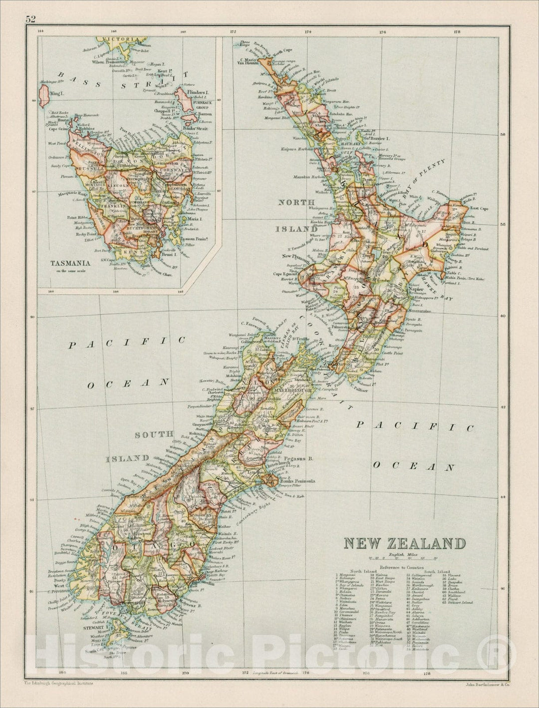 Historic Map : New Zealand, 1880, John Bartholomew, Vintage Wall Art