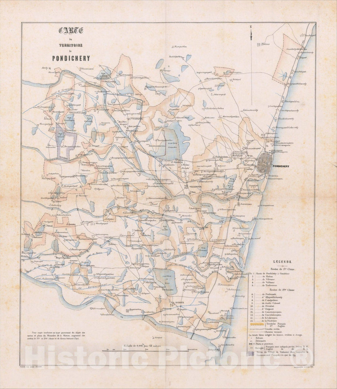 Historic Map : Carte de Territoire de Pondichery (Manuscript), 1873, Emile Pochont, Vintage Wall Art