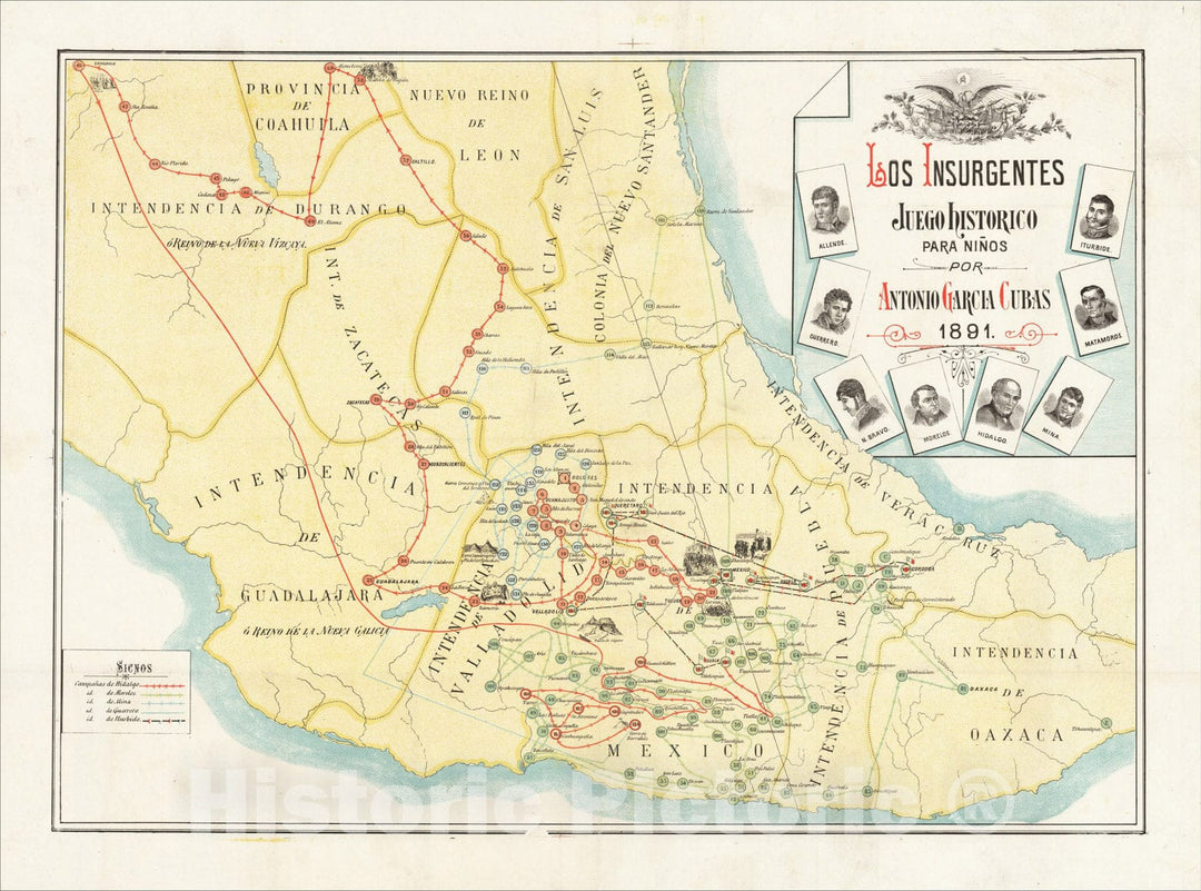 Historic Map : Los Insurgentes: Juego Historico Para Ninos Por Antonio Garcia Cubas. 1891., 1891, Antonio Garcia y Cubas, Vintage Wall Art