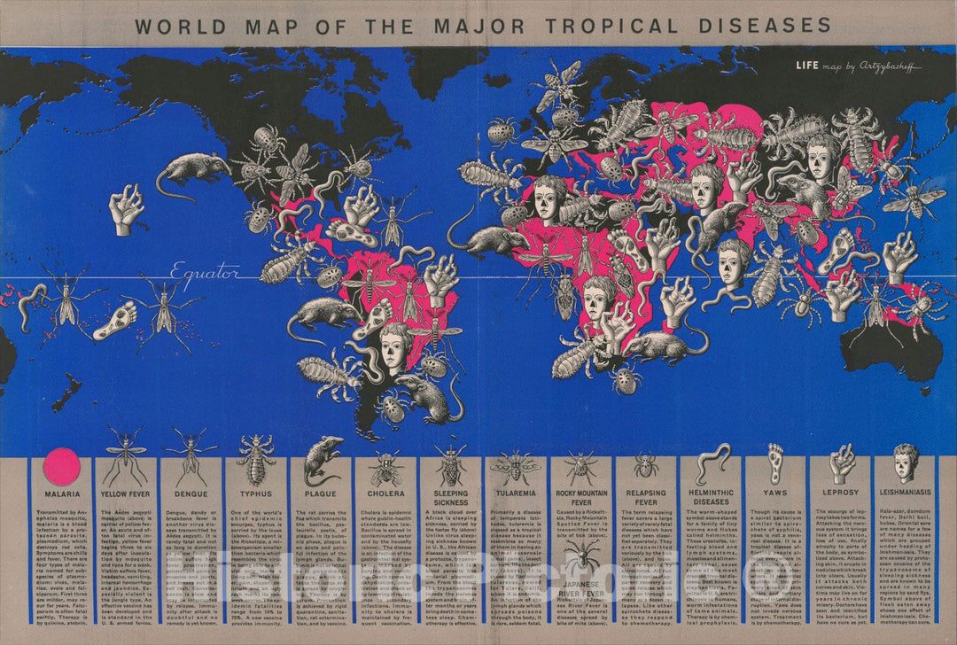 Historic Map : World Map of the Major Tropical Diseases, 1944, Boris Artsybasheff, Vintage Wall Art