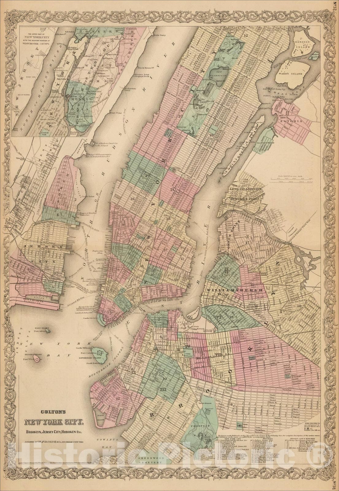 Historic Map : Colton's New York City, Brooklyn, Jersey City, Hoboken, etc., 1872, G.W. & C.B. Colton, Vintage Wall Art