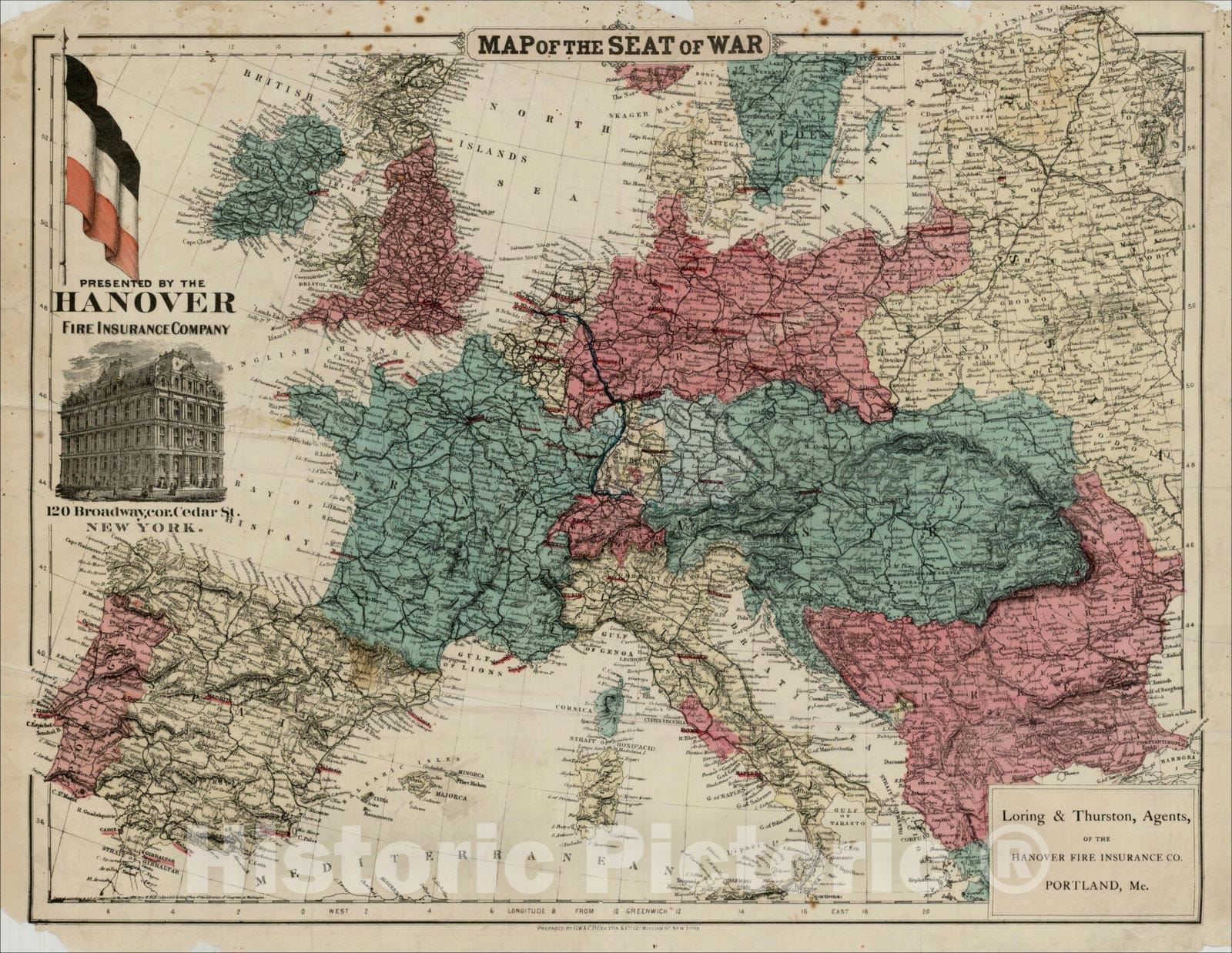 Historic Map : Map of the Seat of War. Presented by the Hanover Fire Insurance Company (Northern, Western & Central Europe), 1870, , Vintage Wall Art