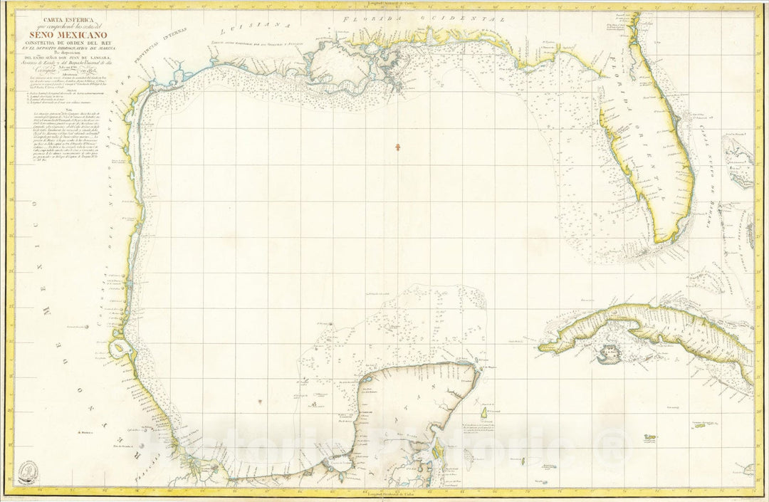 Historic Map : Carta esf?ica que comprehende las costas del Seno Mexicano construida de orden, 1805, Direccion Hidrografica de Madrid, Vintage Wall Art