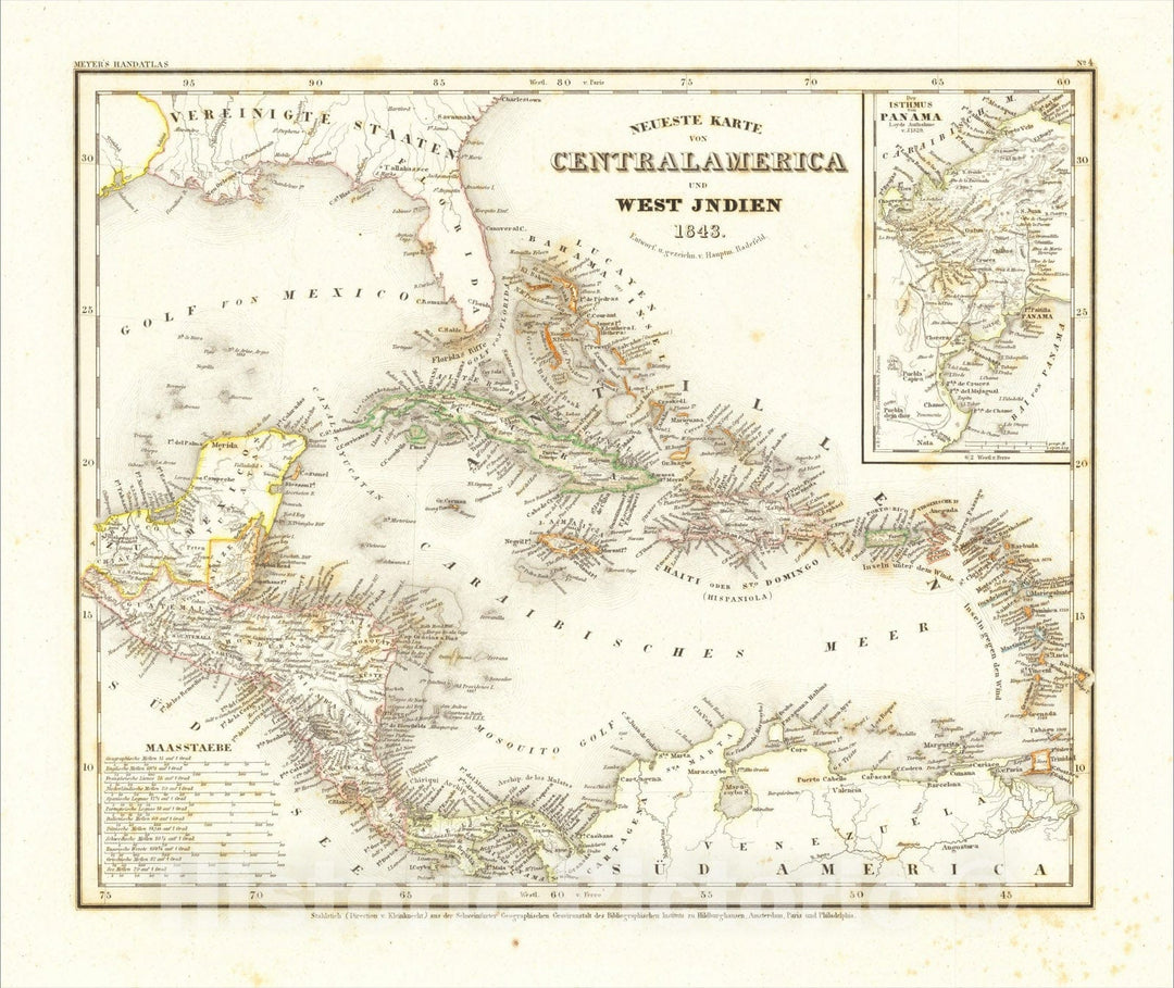 Historic Map : Neueste Karte von Central America und West Jndien 1843., 1843, Joseph Meyer, Vintage Wall Art