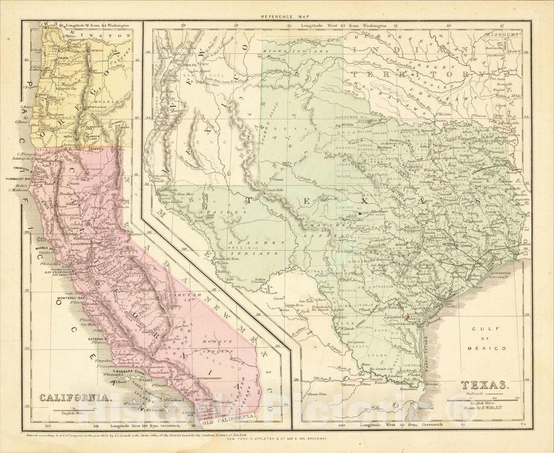 Historic Map : California with Texas, 1856, SS Cornell, Vintage Wall Art