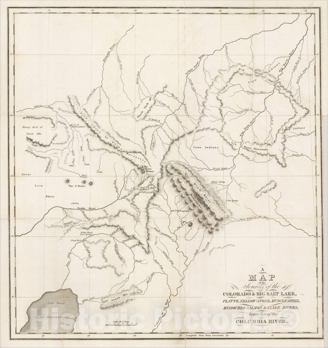 Historic Map : A Map of the Sources of the Colorado & Big Salt Lake, Platte, Yellow-Stone, Muscle-Shell, Missouri; & Salmon & Snake River, 1837, Vintage Wall Art