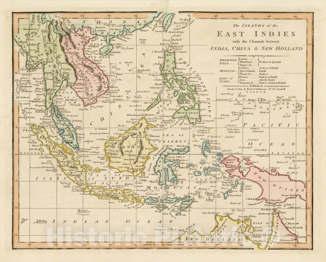 Historic Map : The Islands of the East Indies with the Channels between India, China & New Holland, 1814, Robert Wilkinson, Vintage Wall Art