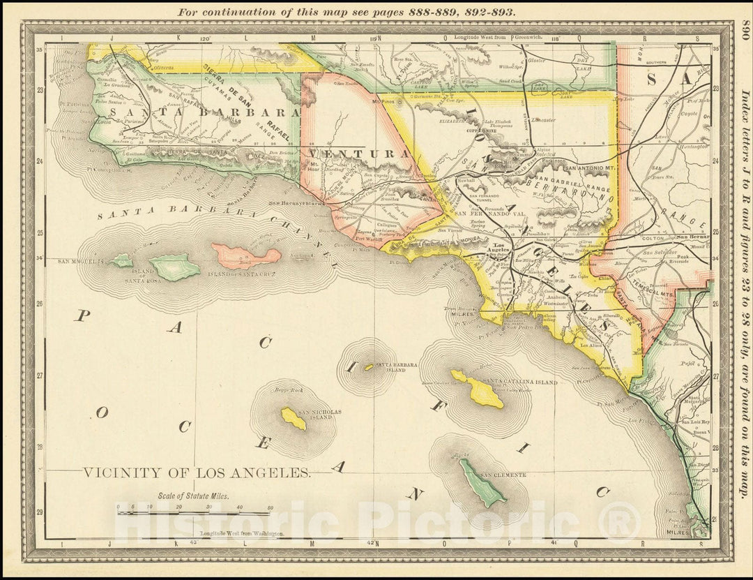 Historic Map : Vicinity of Los Angeles [Santa Barbara, Ventura, & Los Angeles Counties], 1884, Rand McNally & Company, Vintage Wall Art