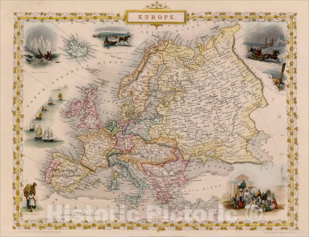 Historic Map : Europe, 1851, John Tallis, v4, Vintage Wall Art