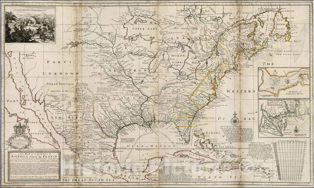 Historic Map : North Parts of America claimed by France under ye Names of Louisiana, Mississipi, Canada and New France, c1730, , Vintage Wall Art