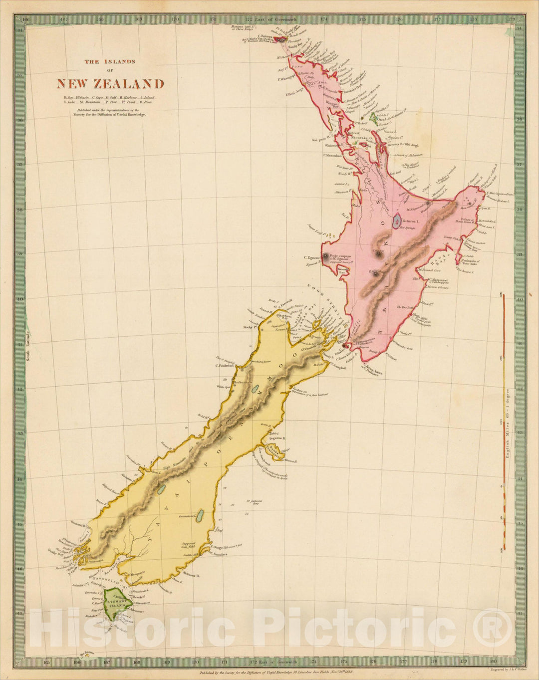 Historic Map : The Islands of New Zealand, 1833, SDUK, v3, Vintage Wall Art