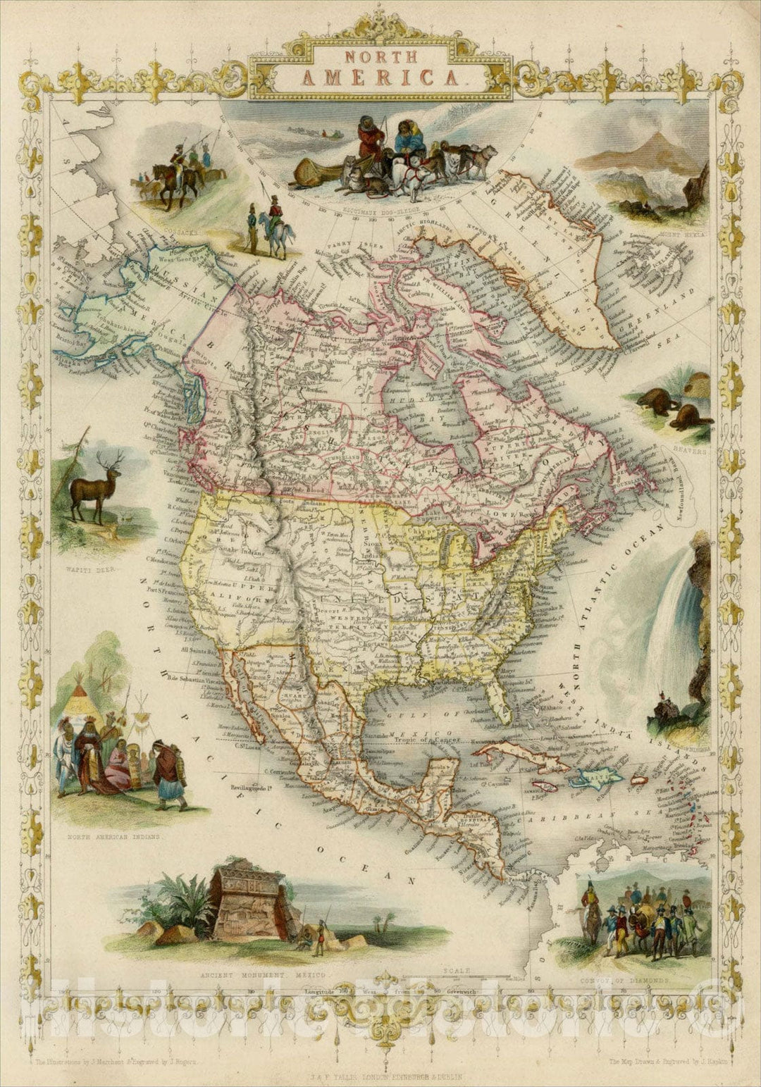 Historic Map : North America, 1851, John Tallis, v5, Vintage Wall Art