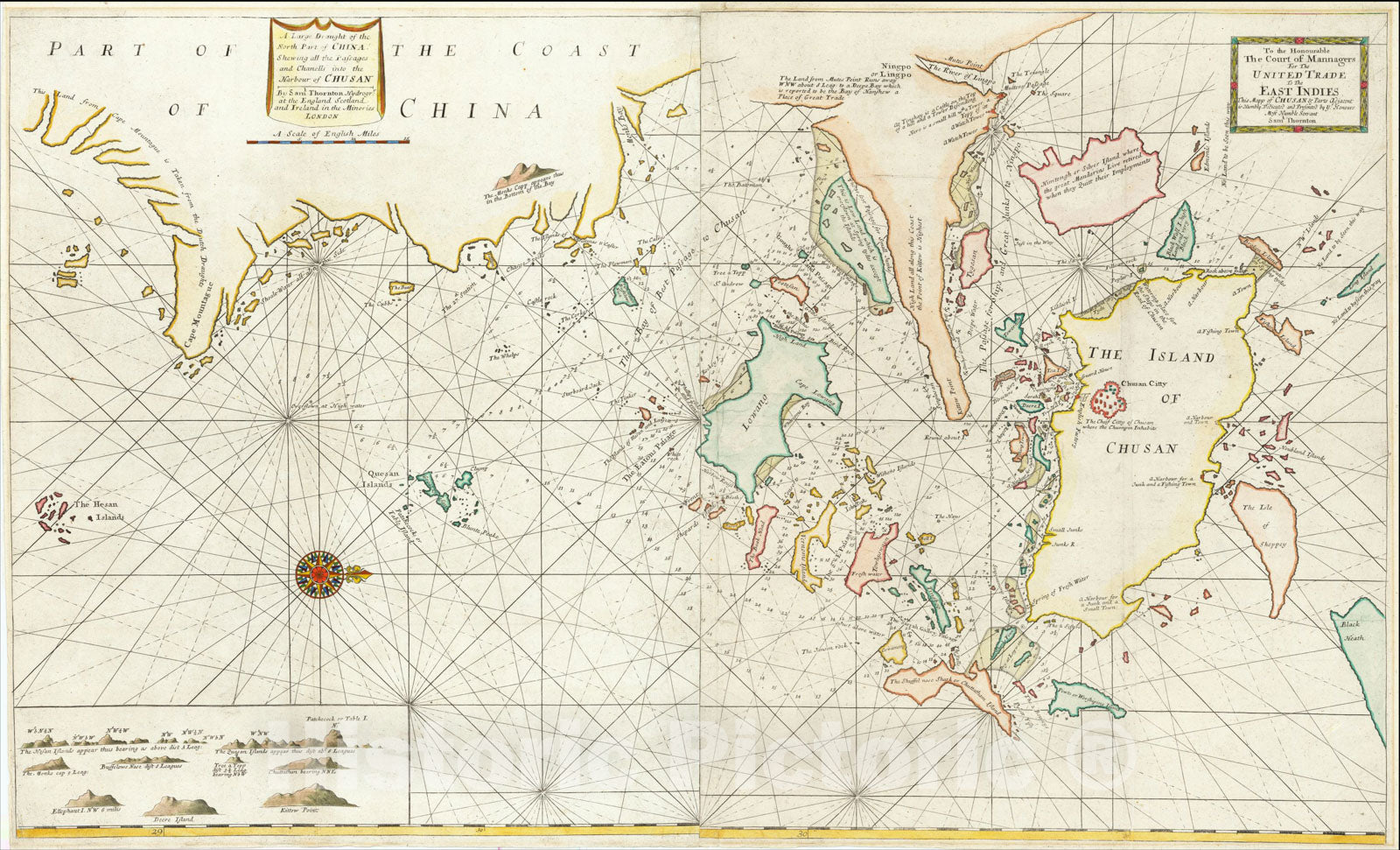 Historic Map : A Large Draught of the North Part of China. Shewing all the Passages and Channells into the Harbour of Chusan . ., c1710, Samuel Thornton, Vintage Wall Art