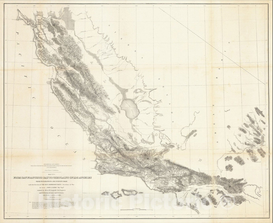 Historic Map : Coast Route, California. Map No. 1. From San Francisco Bay to the Plains of Los Angeles , 1855, U.S. Pacific RR Survey, Vintage Wall Art