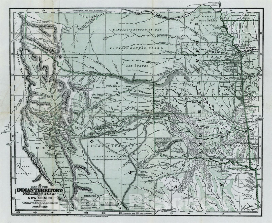 Historic Map : A Map of The Indian Territory, Northern Texas And New Mexico Showing the Great Western Prairies by Josiah Gregg, 1844, Josiah Gregg, v2, Vintage Wall Art