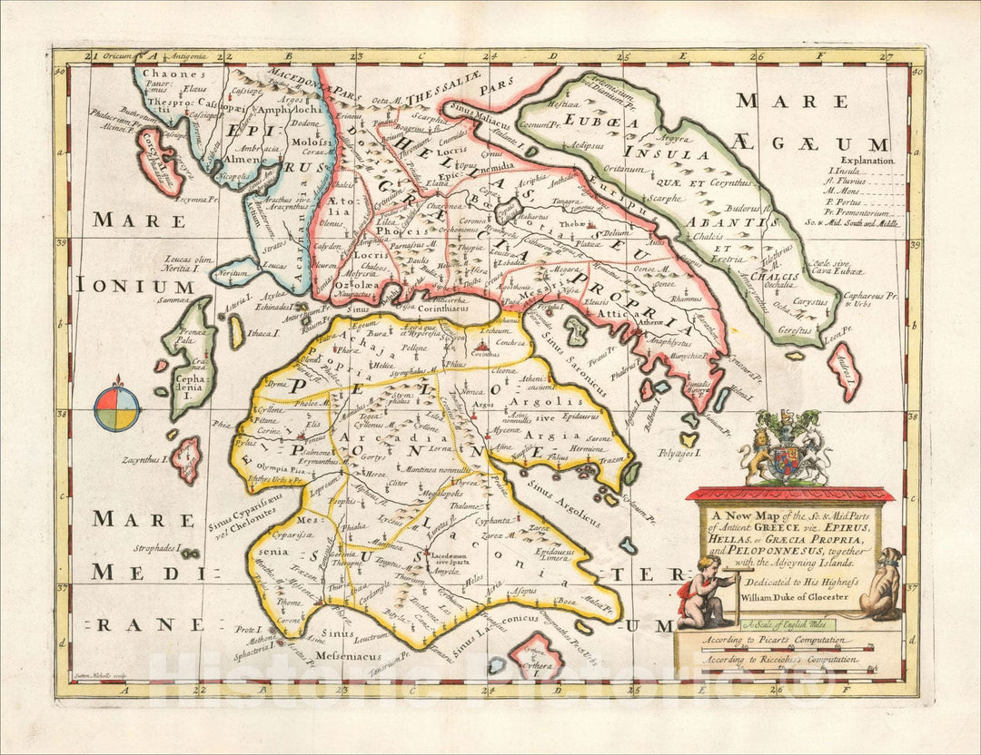 Historic Map : A New Map of the So. & Mid Parts of Antient Greece viz. Epirus, Hellas, or Graecia Propria, 1700, Edward Wells, Vintage Wall Art