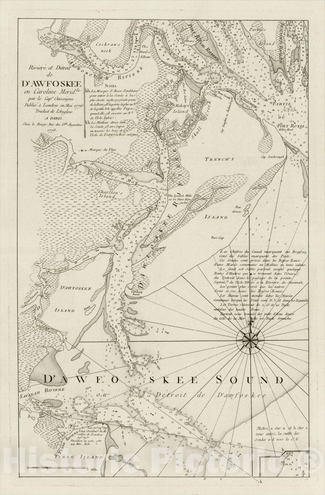 Historic Map : Riviere et Detroit de D'Awfoskee en Caroline Meridle. Par le Cape. Gascoigne, 1776, 1776, , Vintage Wall Art