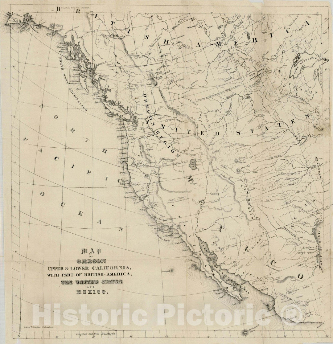 Historic Map : Map of Oregon Upper & Lower California, with part of British-America, The United States and Mexico., 1846, Thomas Sinclair, Vintage Wall Art