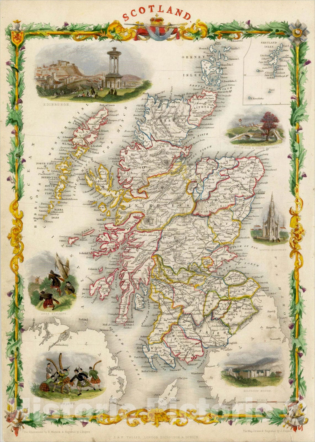 Historic Map : Scotland, 1851, John Tallis, v3, Vintage Wall Art