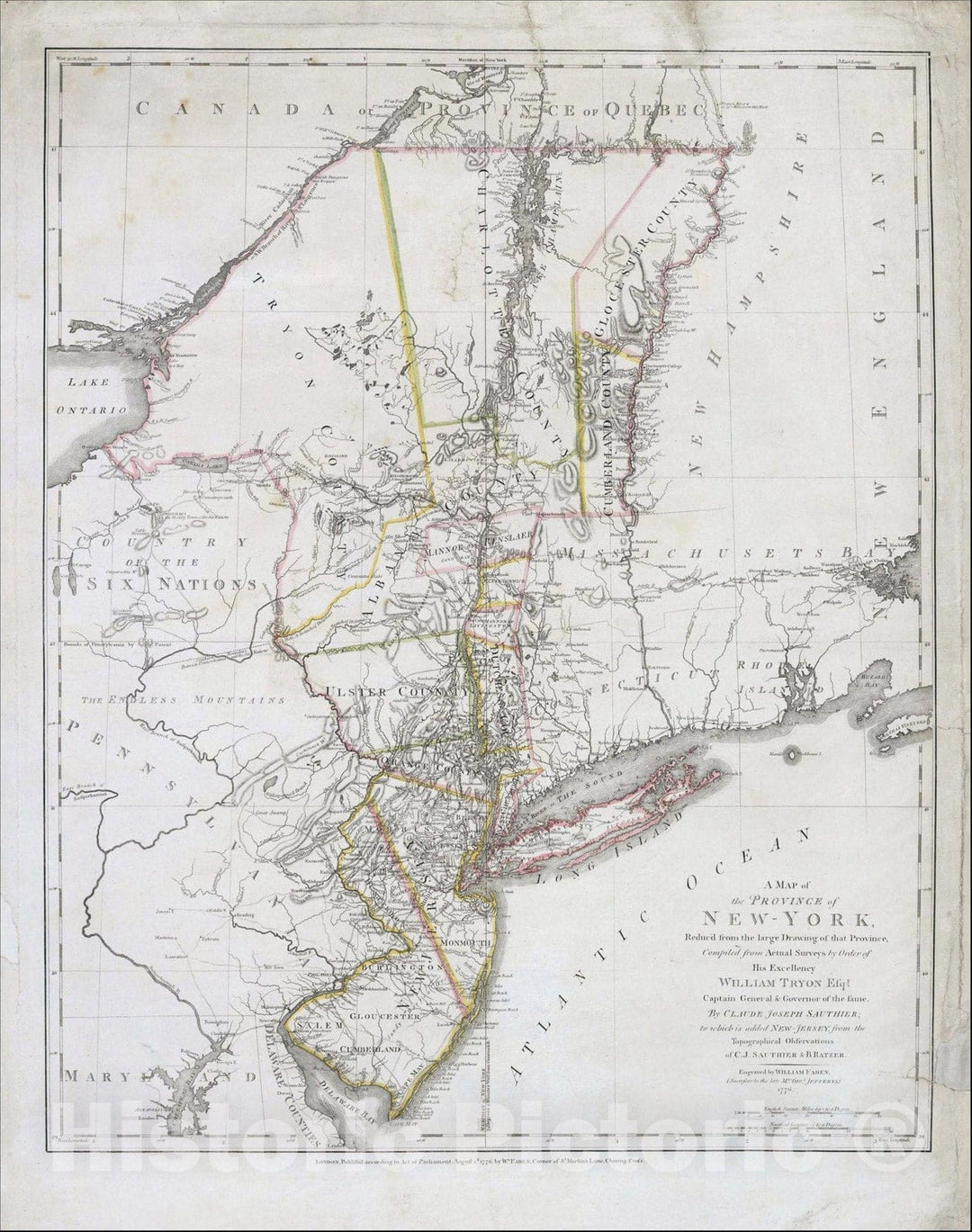 Historic Map : A Map of the Province of New-York, Reduc'd from the large Drawing of that Province, 1776, Claude Joseph Sauthier, Vintage Wall Art