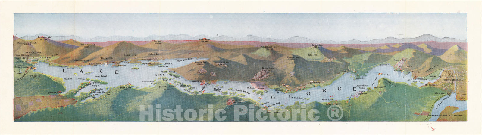 Historic Map : [Lake George] [Lake Champlain on verso], 1918, E. A. Knight, Vintage Wall Art