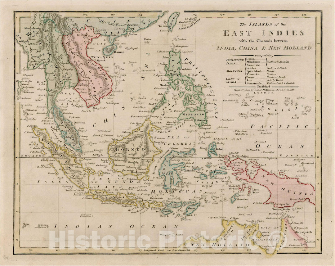 Historic Map : The Islands of the East Indies with the Channels between India, China & New Holland, 186, 1806, Robert Wilkinson, Vintage Wall Art