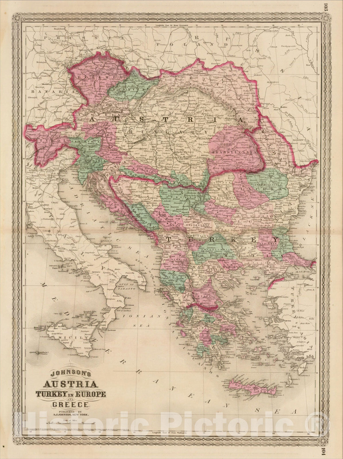 Historic Map : Johnson's Austria Turkey in Europe and Greece, 1871, Alvin Jewett Johnson, Vintage Wall Art