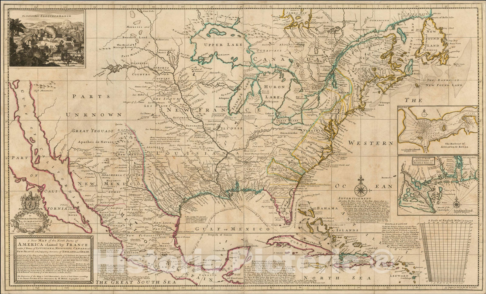 Historic Map : A New Map of the North Parts of America claimed by France under ye Names of Louisiana, Mississipi, Canada and New France, c1730, , Vintage Wall Art