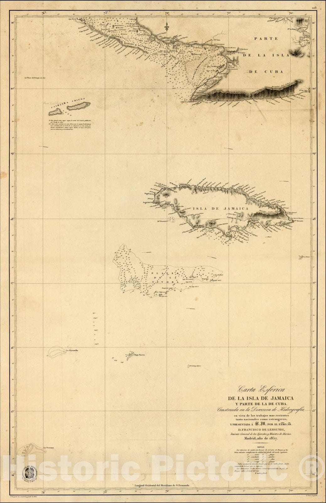 Historic Map : Carta Esferica De La Isla Jamaica y Parte de la de Cuba, Cayman Islands, 1857, Direccion Hidrografica de Madrid, Vintage Wall Art