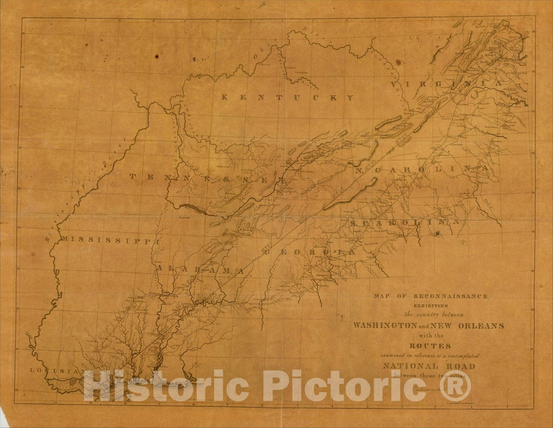 Historic Map : Map of Reconnaissance Exhibiting the country between Washington and New Orleans, 1826, Gales & Seaton, Vintage Wall Art