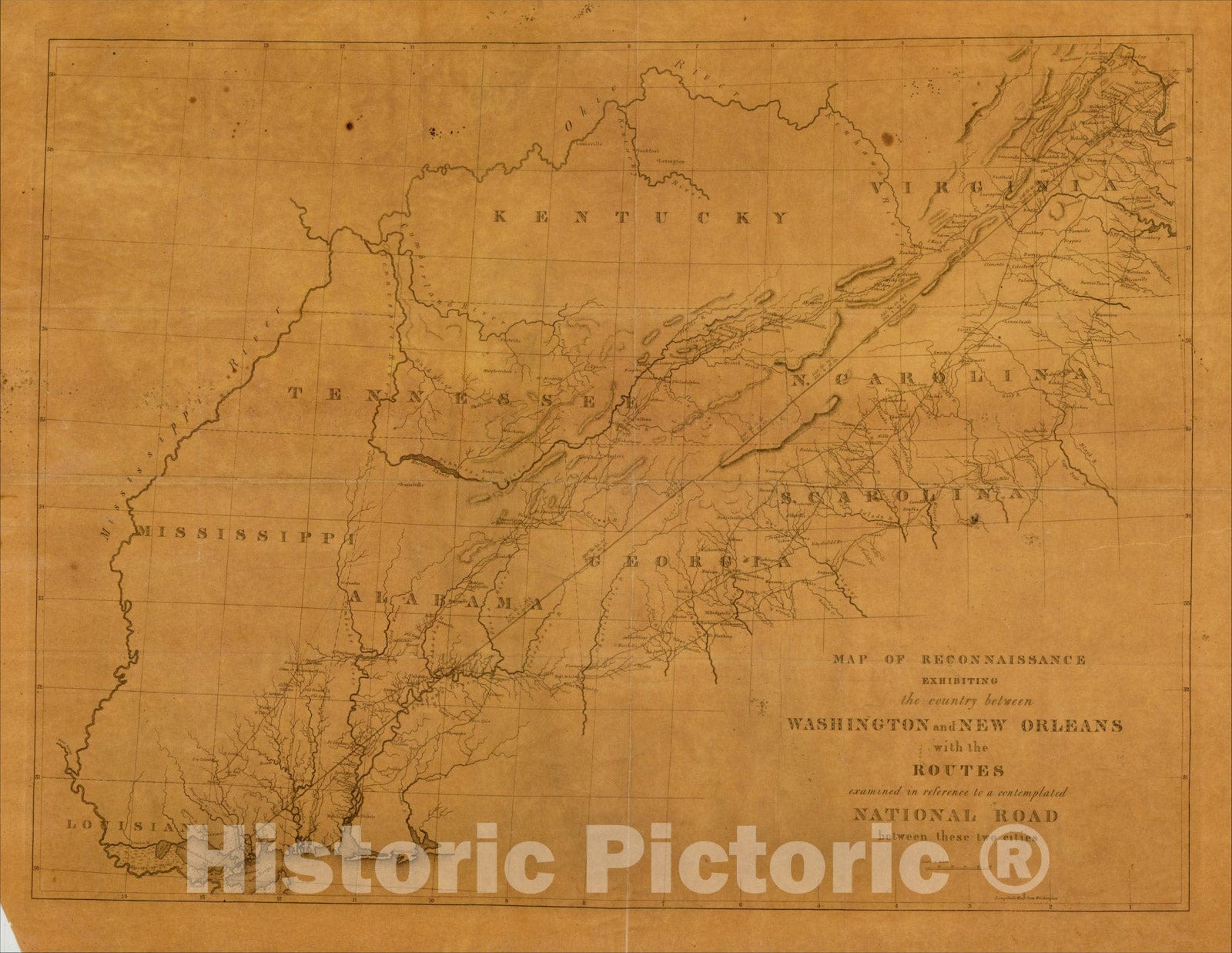 Historic Map : Map of Reconnaissance Exhibiting the country between Washington and New Orleans, 1826, Gales & Seaton, Vintage Wall Art