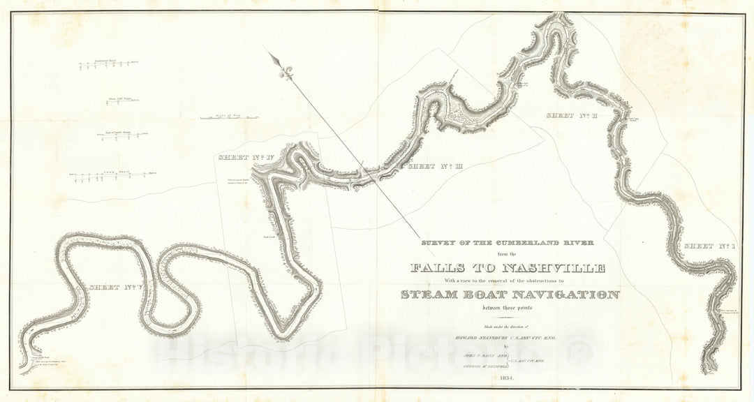 Historic Map : Survey of the Cumberland River from the Falls To Nashville, 1834, United States GPO, Vintage Wall Art