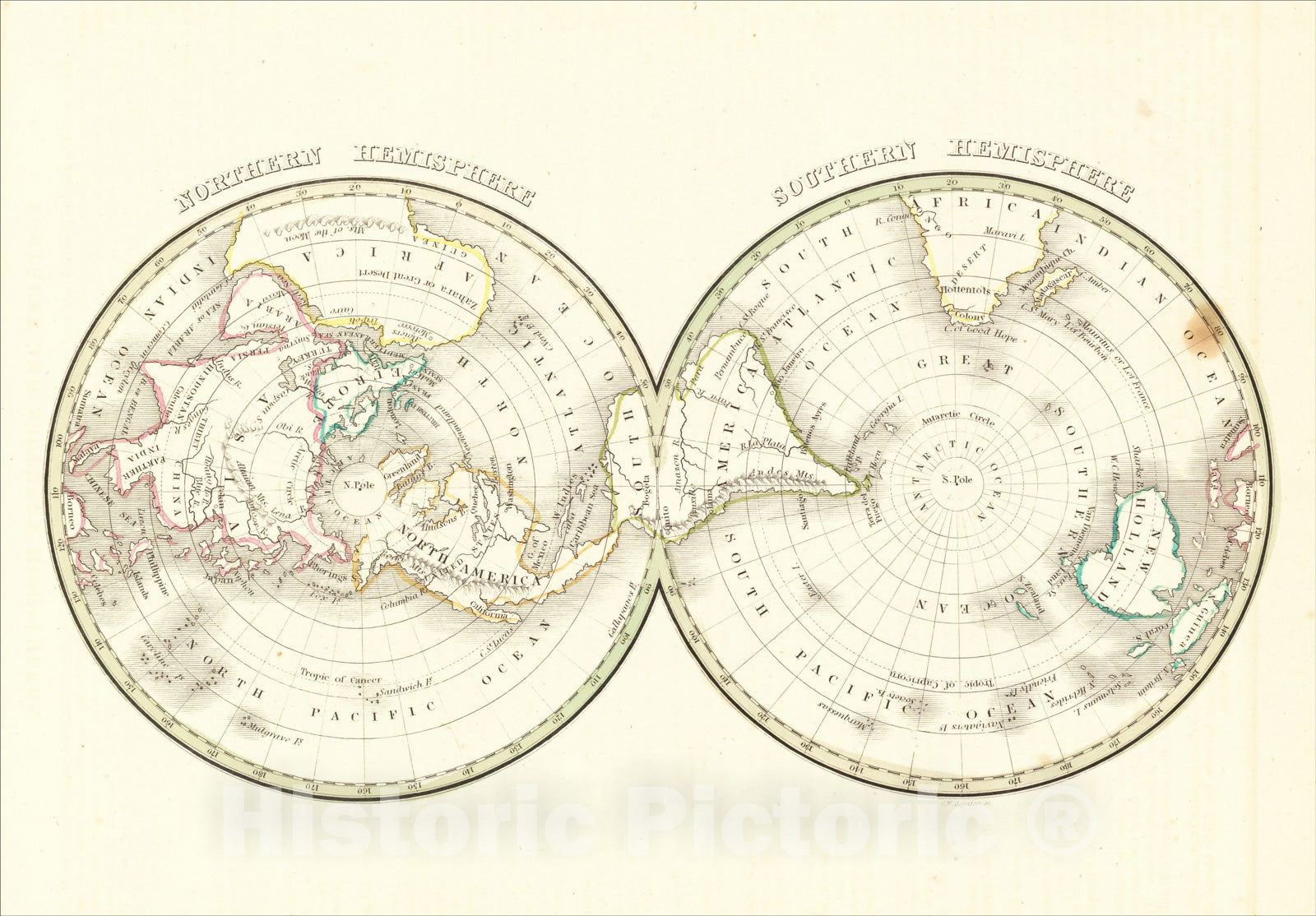 Historic Map : Northern Hemisphere, Southern Hemisphere, 1835, Thomas Gamaliel Bradford, Vintage Wall Art