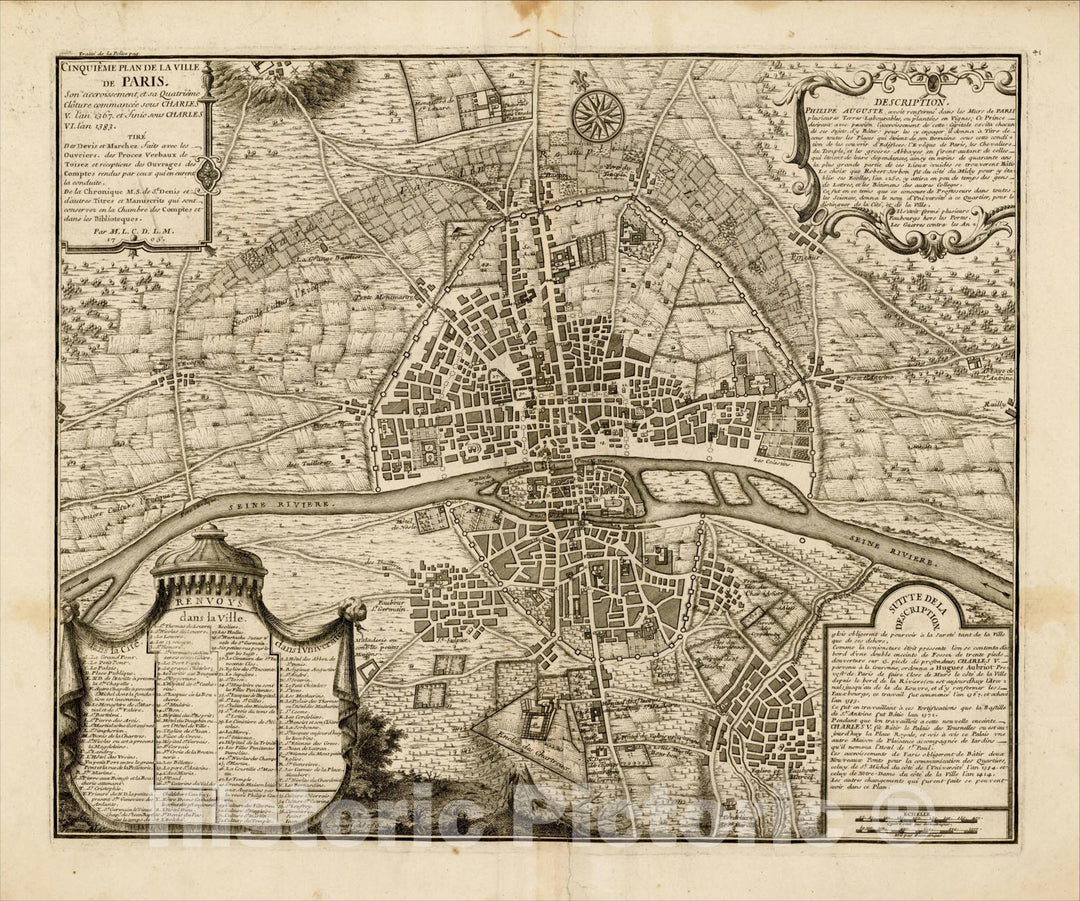 Historic Map : [Medieval Paris -- Charles V & VI] Cinquieme Plan de la Ville de Paris, 1705, Nicolas Delamare, Vintage Wall Art