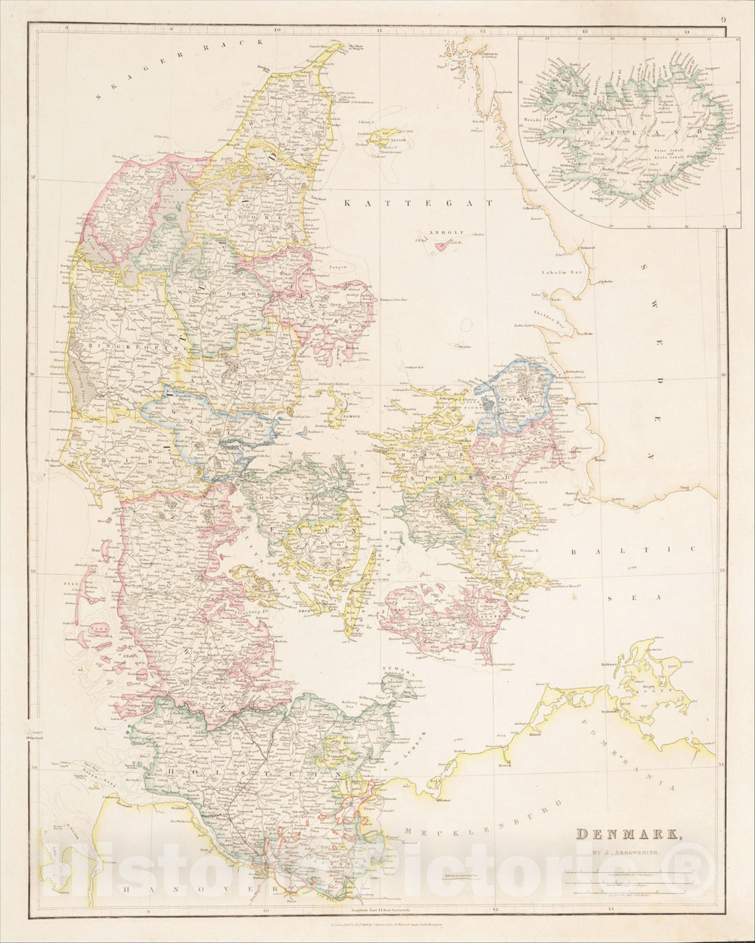 Historic Map : Denmark (with Iceland inset), 1864, John Arrowsmith, Vintage Wall Art