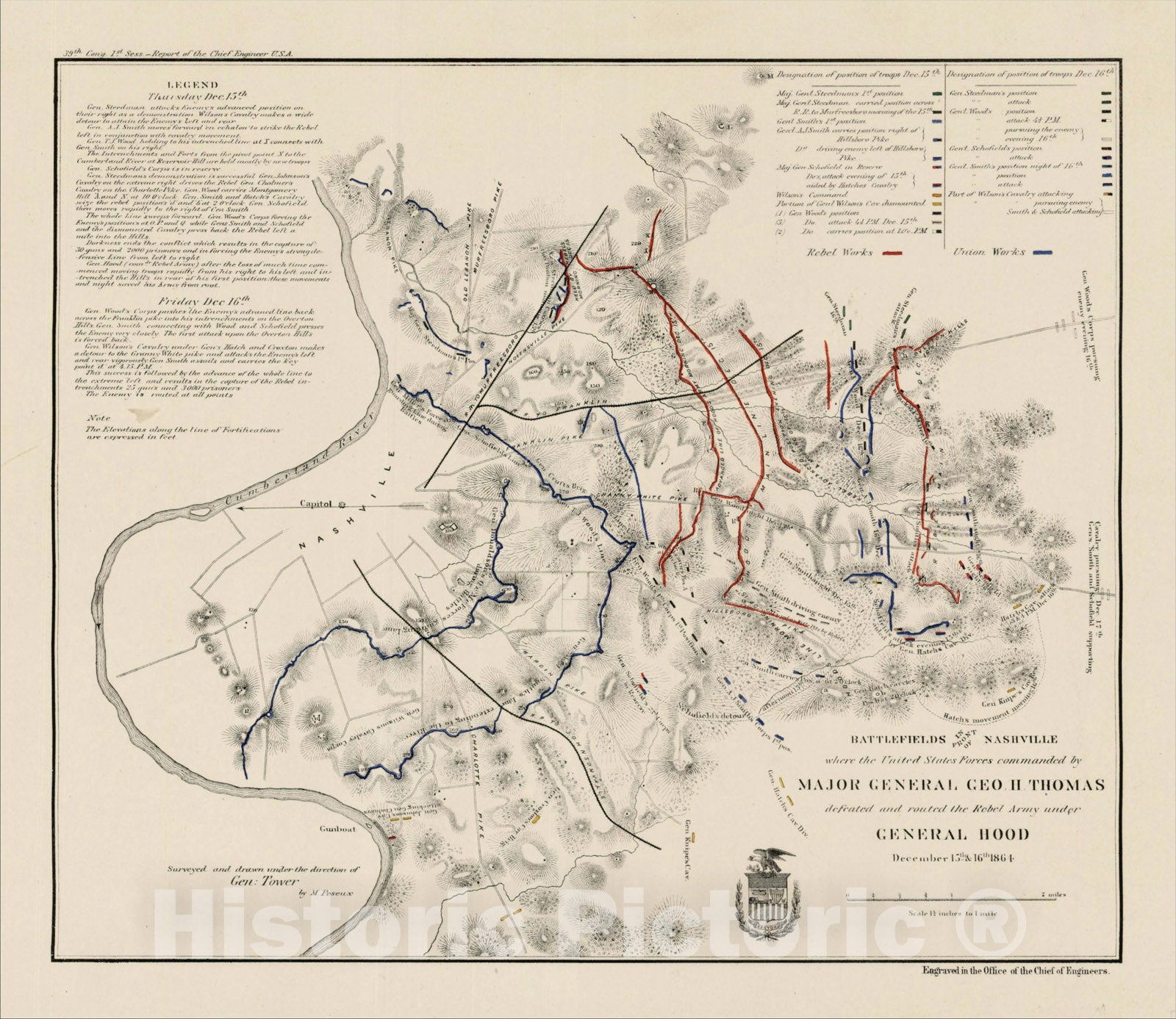 Historic Map : Battlefields in Front of Nashville where the United States Forces commanded, 1866, , Vintage Wall Art