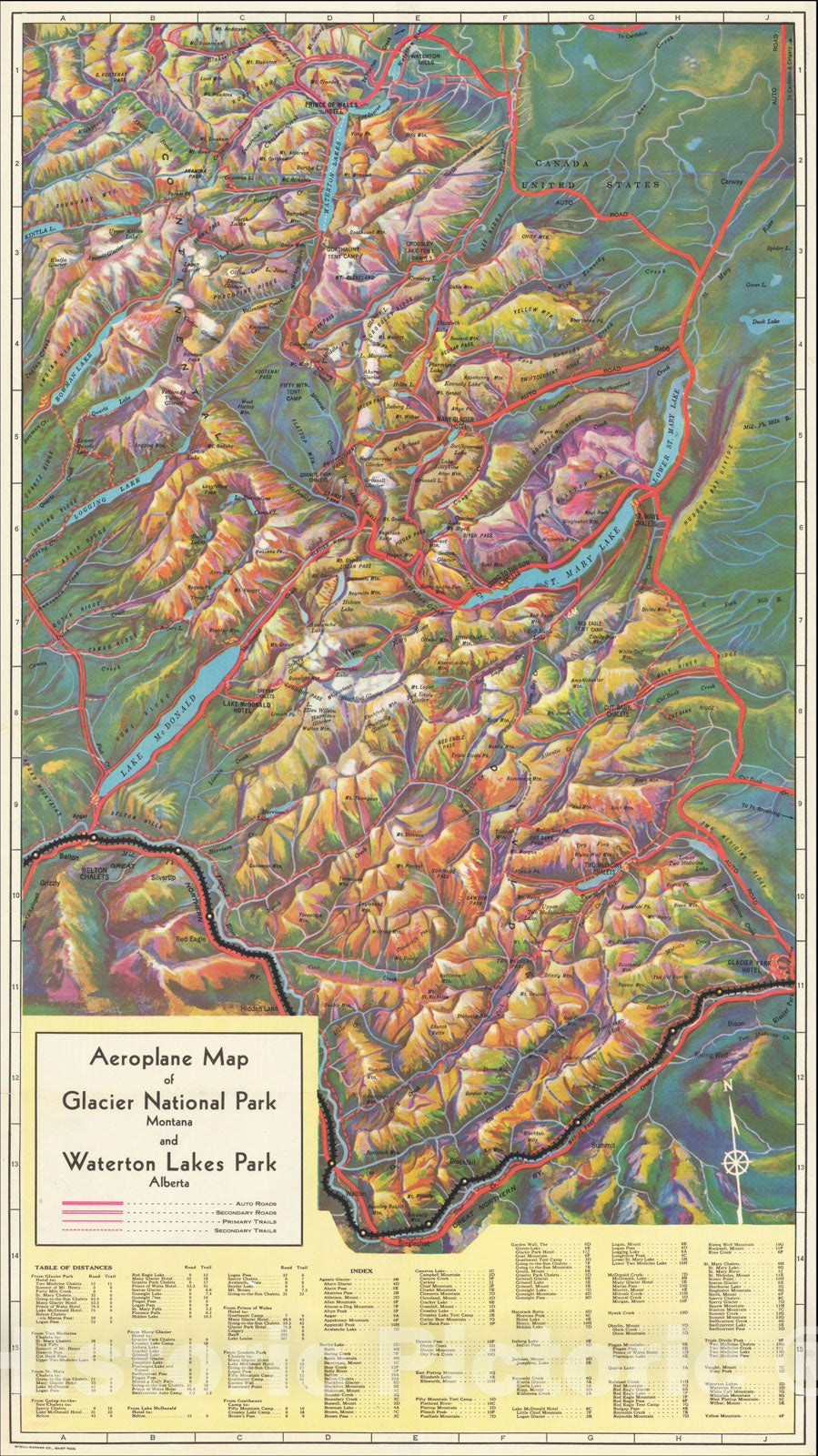 Historic Map : Aeroplane View of Glacier National Park Montana and Waterton Lakes Park Alberta, 1936, McGill-Warner Co., Vintage Wall Art