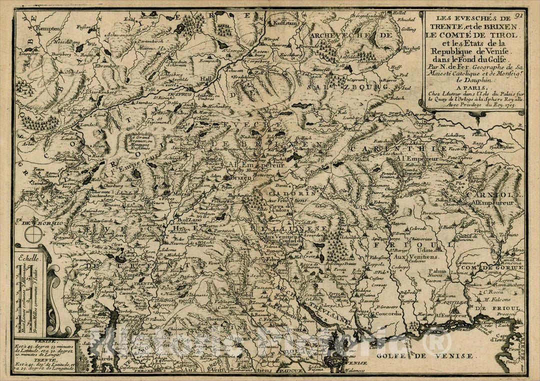 Historic Map : Les Evesches De Trente et de Brixen Le Comte De Tirol et les Etats de la Republique De Venise dansle Fond du Golfe, 175, 1705, Nicolas de Fer, Vintage Wall Art