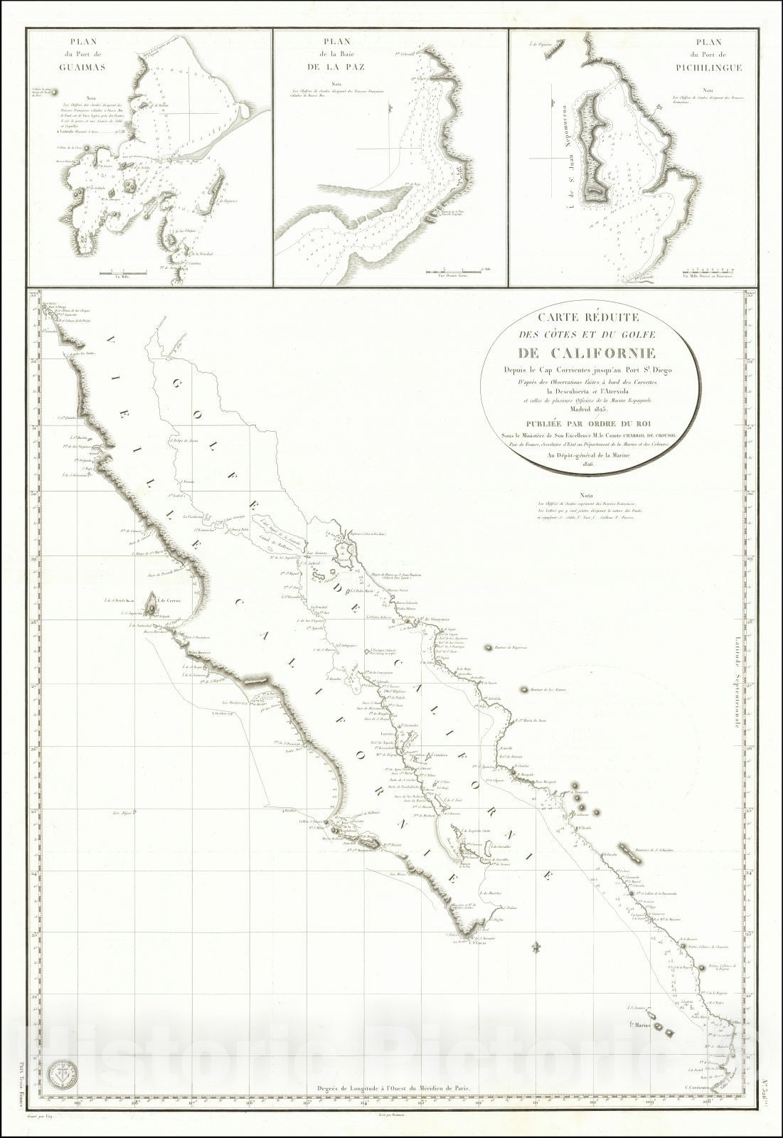 Historic Map : Carte Reduite Des Cotes et du Golfe De Californie Depis le Cap Corrientes jusqu'au Port St. Diego, 1826, 1826, Depot de la Marine, v2, Vintage Wall Art