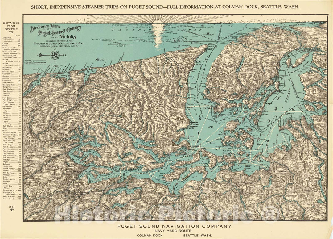 Historic Map : Birdseye View of Puget Sound and Vicinity compiled expressly for Puget Sound Navigation Co. Colman Dock, Seattle, U.S.A., c1910, Vintage Wall Art