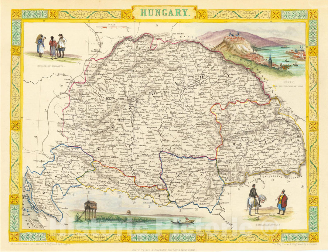 Historic Map : Hungary, 1851, John Tallis, v2, Vintage Wall Art