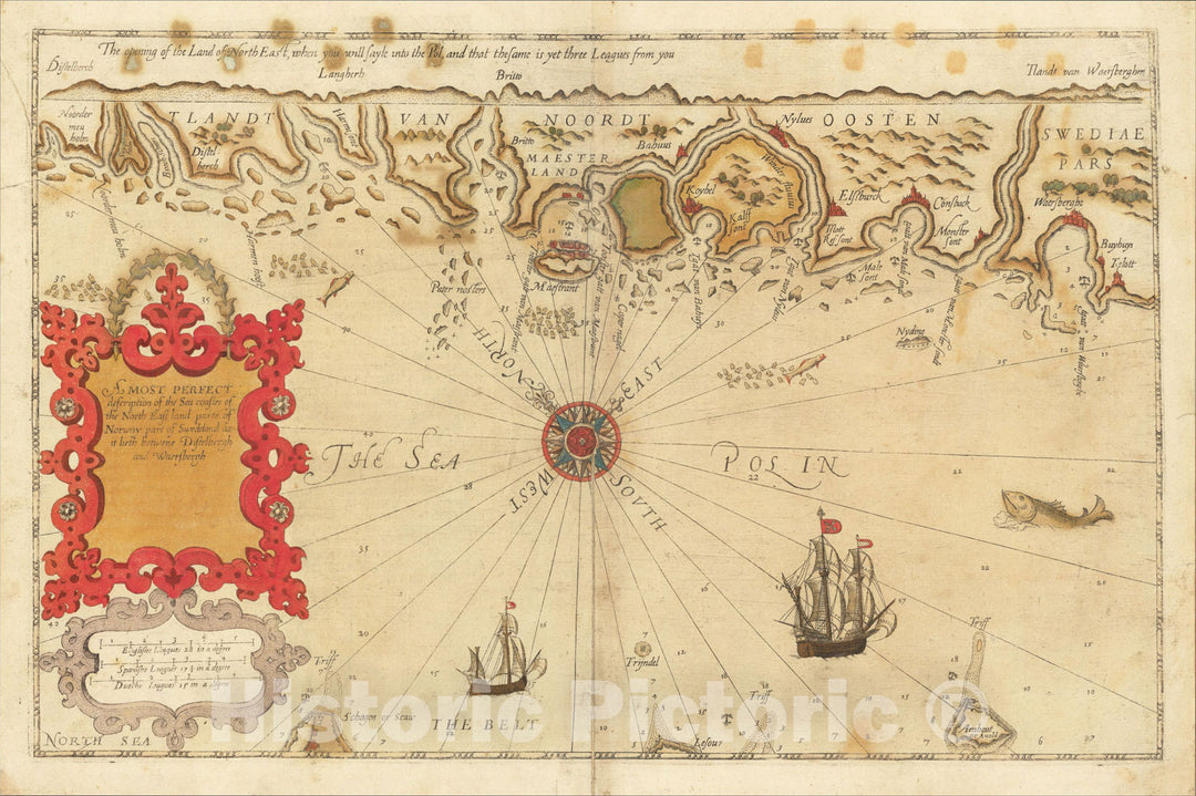 Historic Map : A Most Perfect description of the Sea coastes of the North East land parte of Norway part of Swedeland, 1588, Lucas Janszoon Waghenaer, Vintage Wall Art