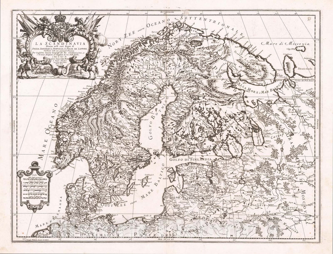 Historic Map : La Scandinavia Divisa nelli suo Regni di Suezia, Danimarca, Norvegia, e Paesi Lapponi, 1678, 1681, Giacomo Giovanni Rossi, Vintage Wall Art