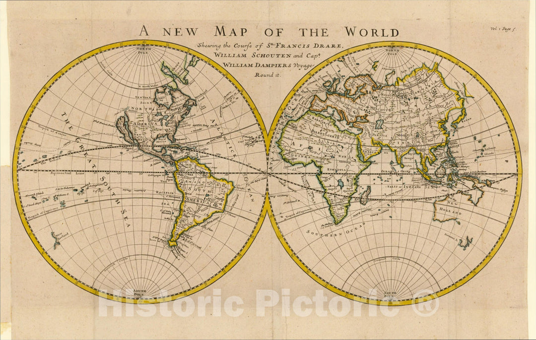 Historic Map : A New Map Of The World Shewing the Course of Sr. Francis Drake, Whilliam Schouten and Capt. William Dampiers Voyages Round it., 1700, , Vintage Wall Art