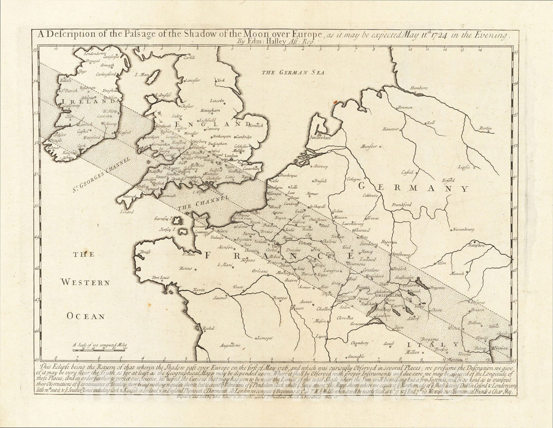 Historic Map : A Description of the Passage of the Shadow of the Moon over Europe, as it may be expected May 11th 1724 in the Evening, 1724, John Senex, Vintage Wall Art