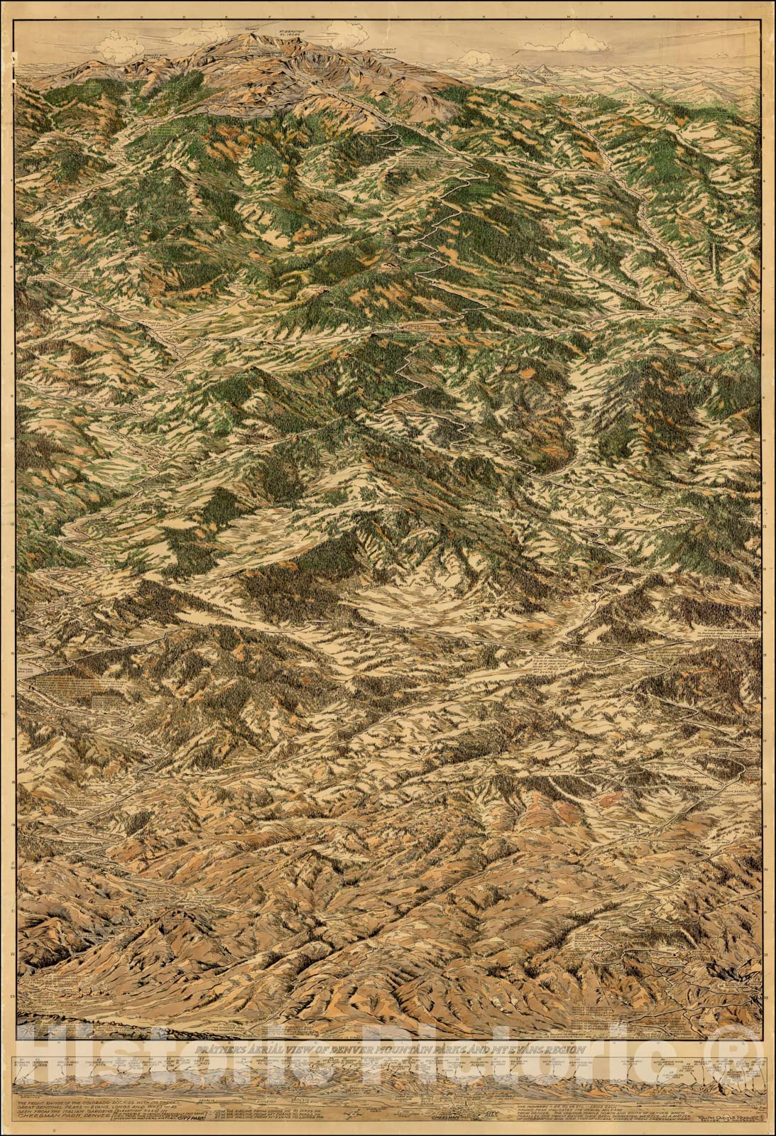 Historic Map : [Manuscript Birdseye View of the Rocky Mountains] Prather's Aerial View of Denver Mountain Parks and Mt. Evans Region., c1922, Vintage Wall Art