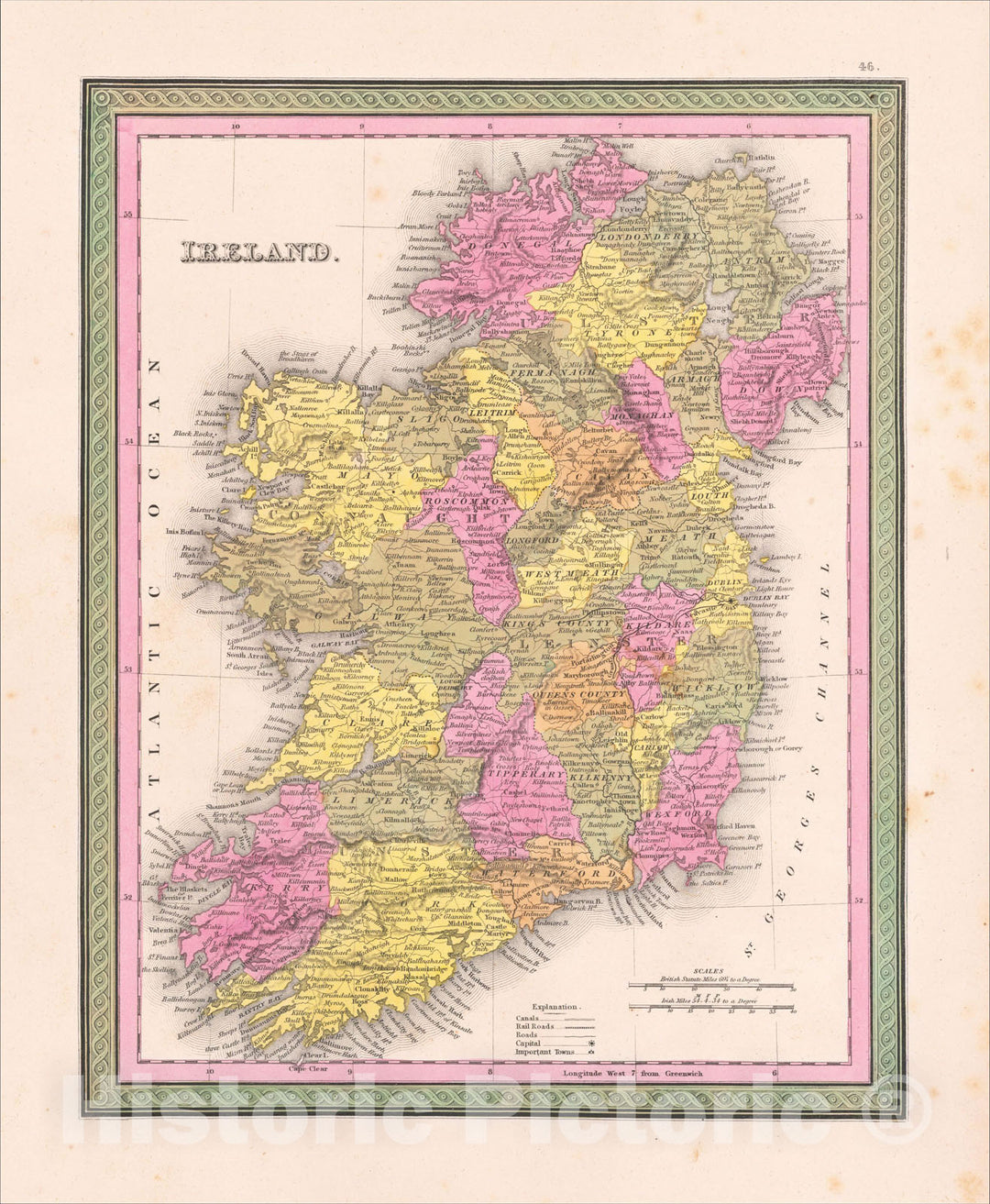 Historic Map : Ireland, 1850, Samuel Augustus Mitchell, Vintage Wall Art