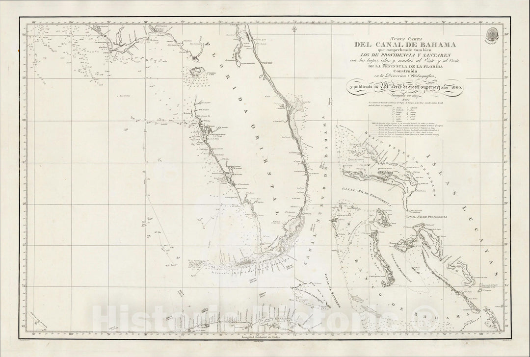 Historic Map : Nueva Carta Del Canal De Bahama que comprehende tambien Los Providencia, 1807, Direccion Hidrografica de Madrid, v1, Vintage Wall Art