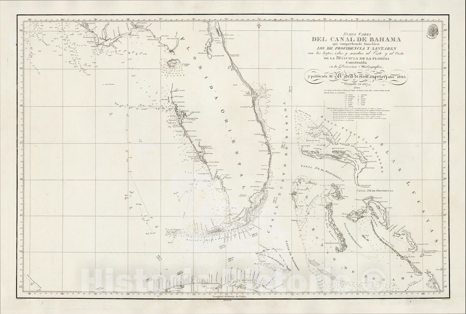 Historic Map : Nueva Carta Del Canal De Bahama que comprehende tambien Los Providencia, 1807, Direccion Hidrografica de Madrid, v1, Vintage Wall Art